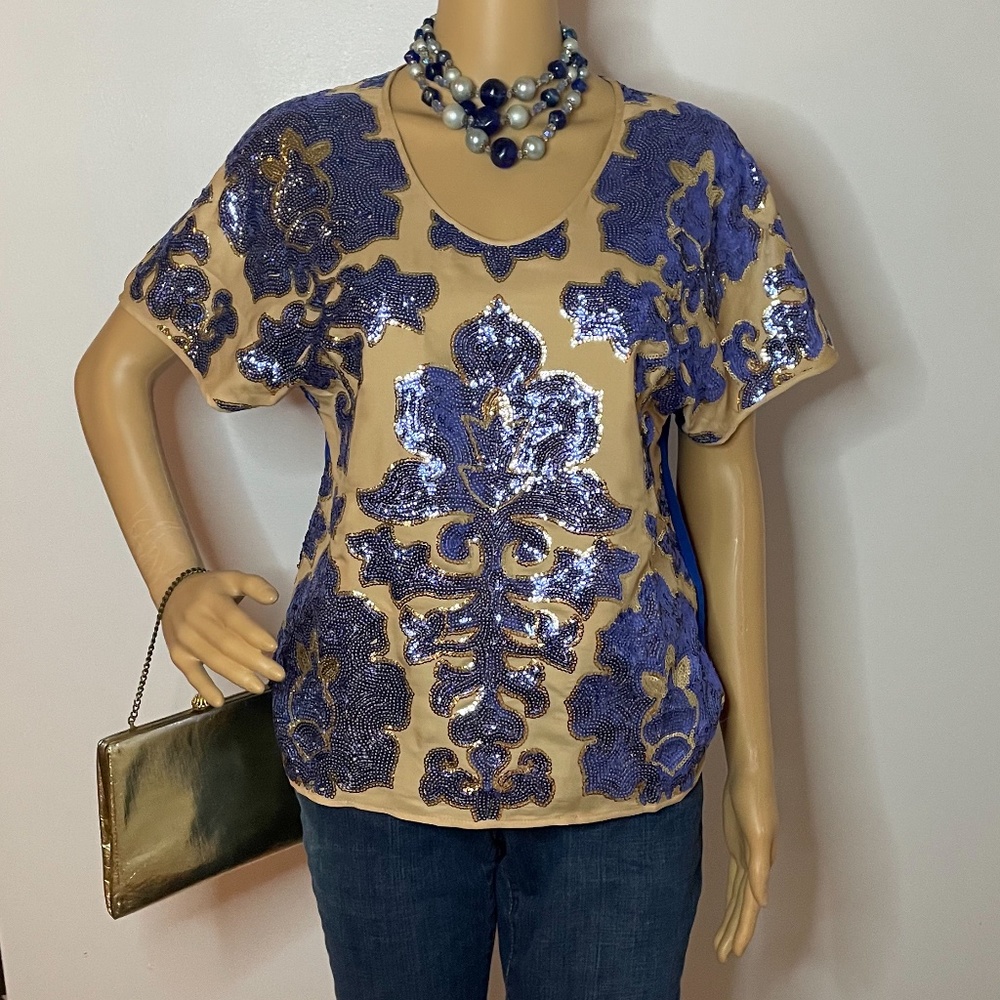 Neiman Marcus Tracy Reese blue silky back w nude front blue sequined front tunic